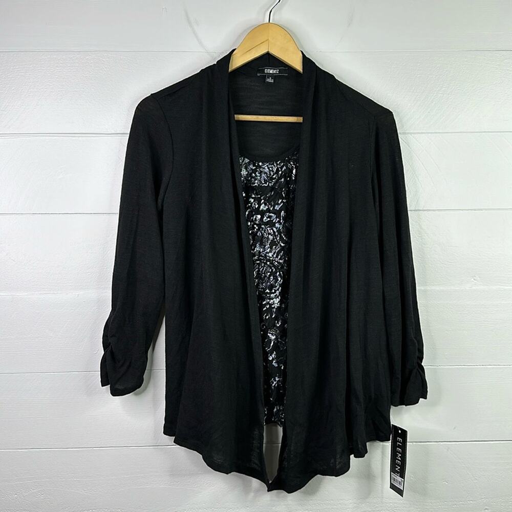 ELEMENTZ Black Metallic Ruffle Cardigan Blouse Long Sleeve Top Shirt Size Small